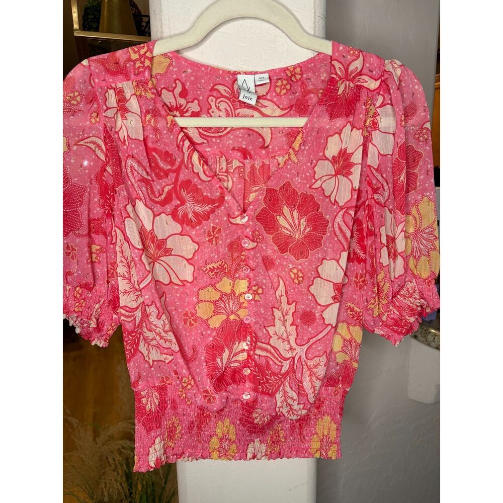 Joie Bension smocked waist pink chiffon floral crop top size small 2-6